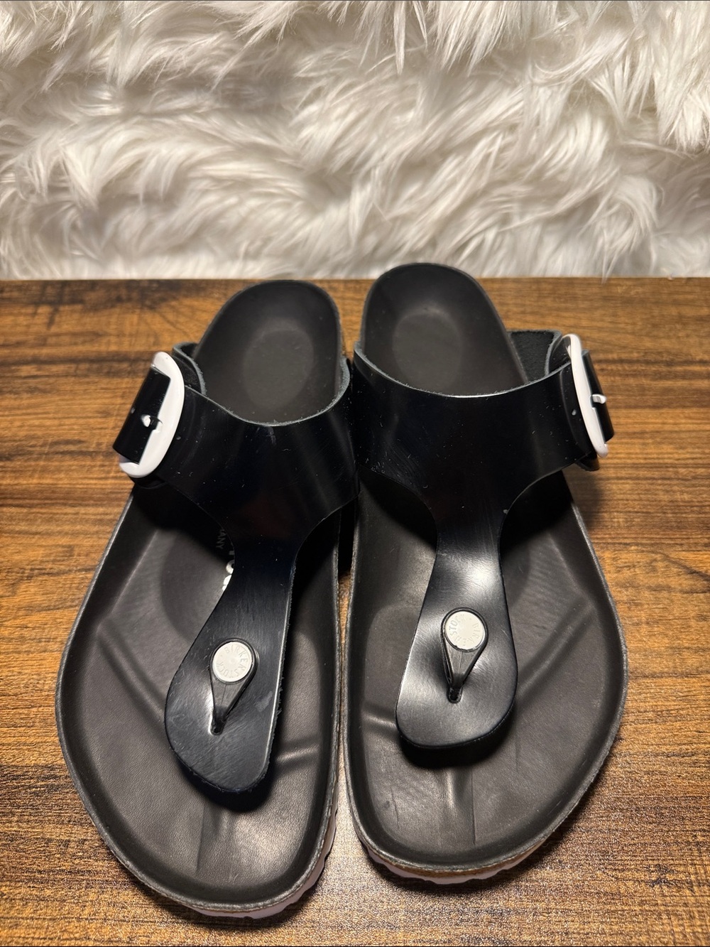 Birkenstock Black Sandals with White Buckle